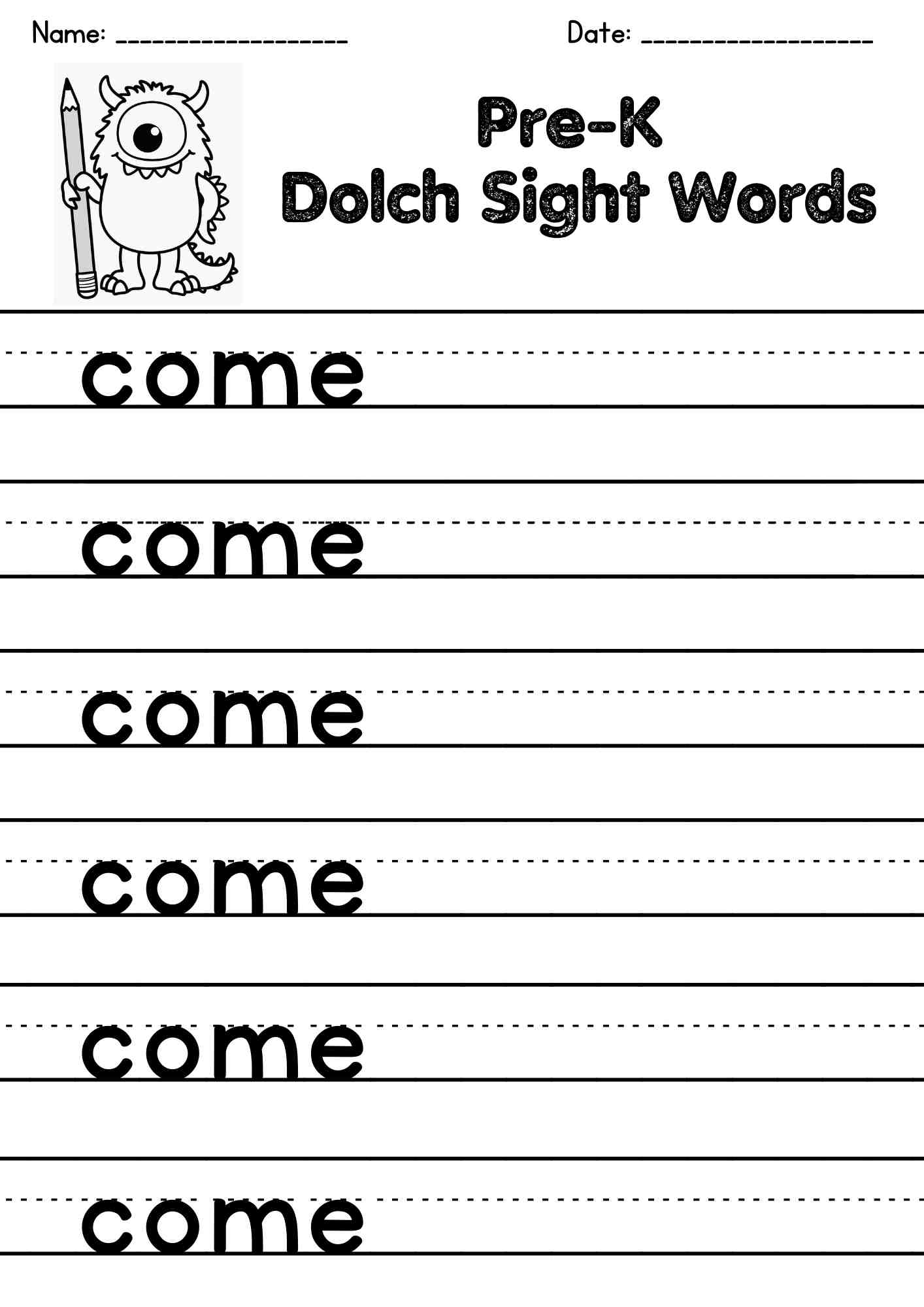 "come" Dolch Sight Word Writing Page – Free PDF Download